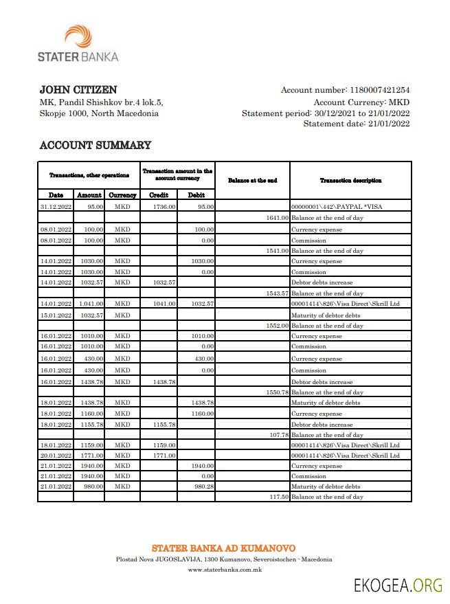 Relevé bancaire de la Stater Banka de Macédoine du Nord